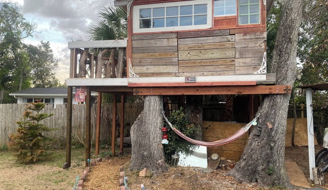 Eagle eye treehouse!One room with patio deck, nestled in ancient oak trees.